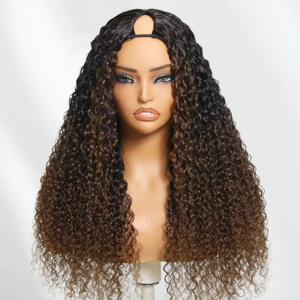 Curly V Part Ombre Chestnut Brown Human Hair Clip in V Part Wig
