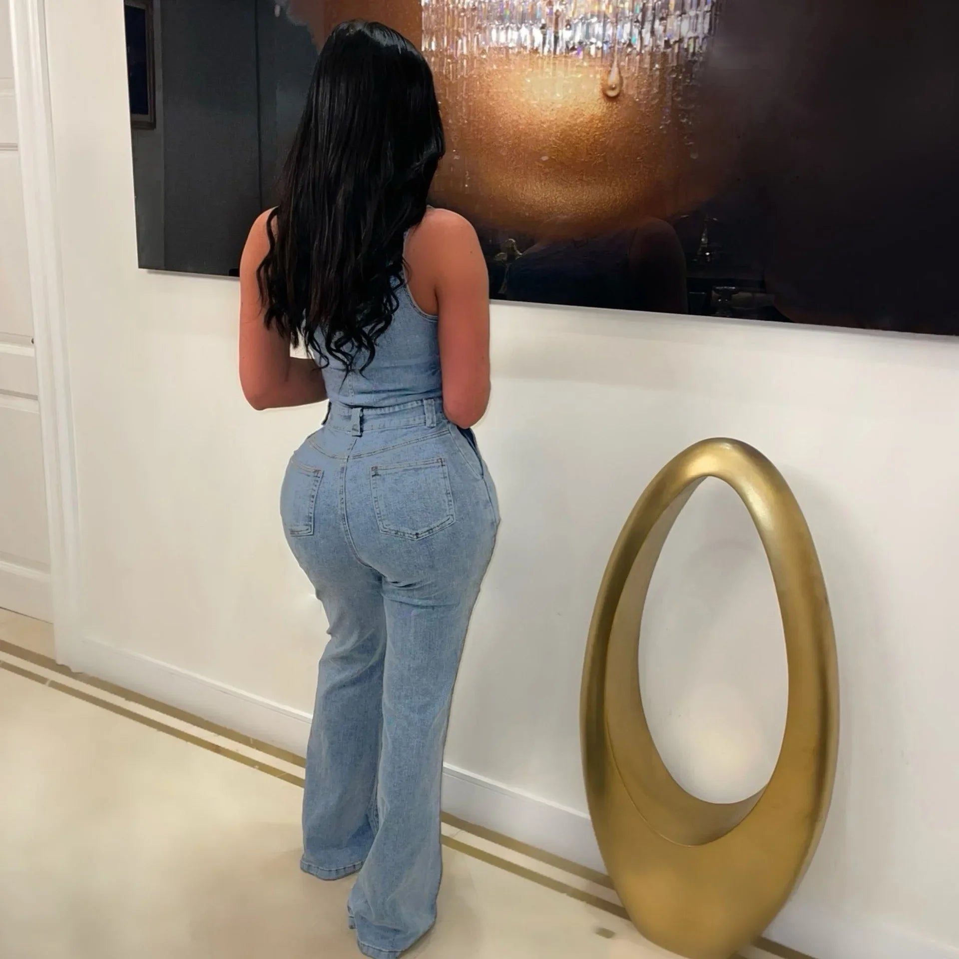 Women’s Flare Denim Full Length One Piece Basics Washed Overalls