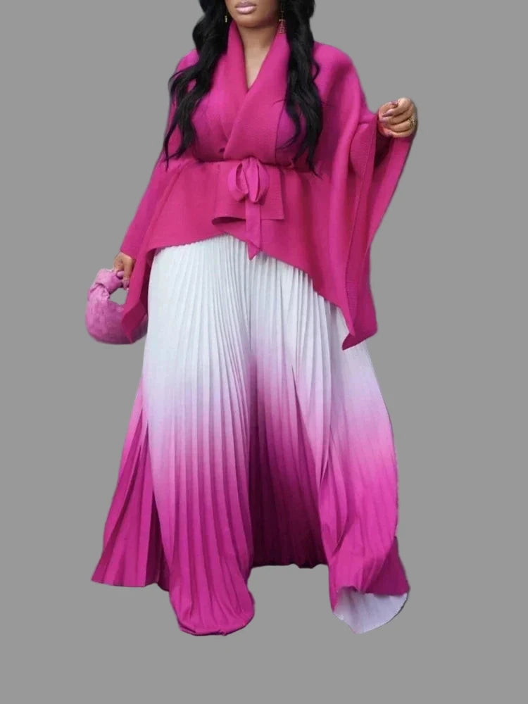 Gradient Women's Full Sleeve V-Neck Blouse with Beltt and Pleated Maxi Skirt Set