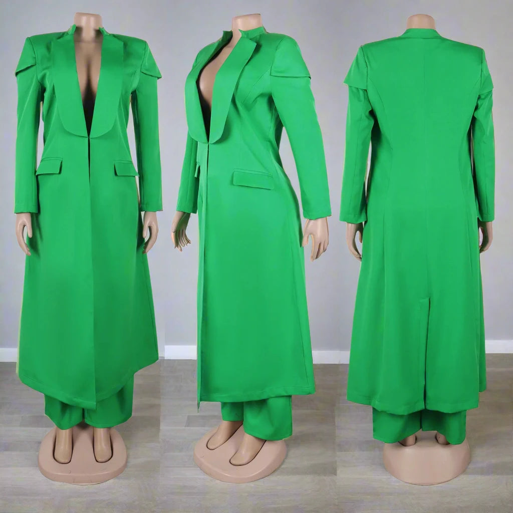 Women's Full Sleeve X-Long Blazer Coat+ Long Pant Set