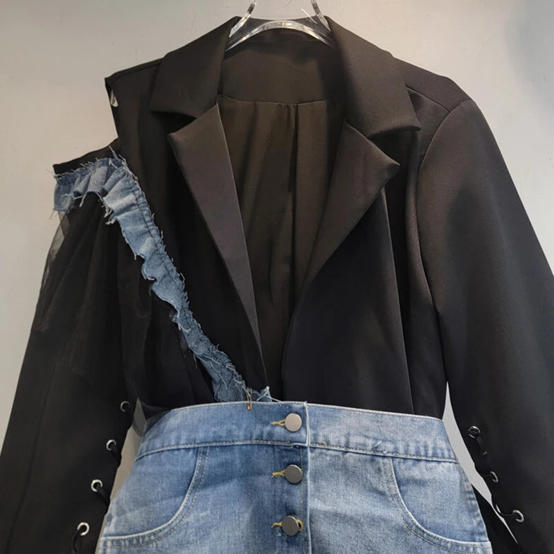 Women's Denim Patchwork Off-shoulder Single Breasted Belt Waisted Suit Jacket