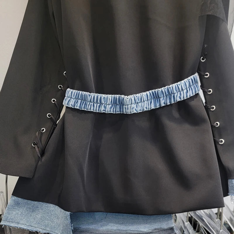Women's Denim Patchwork Off-shoulder Single Breasted Belt Waisted Suit Jacket
