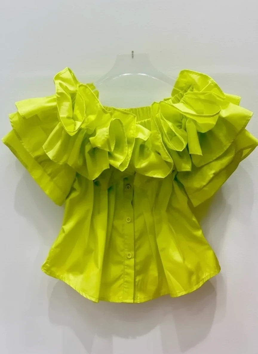 Women’s Pleated Tunic Ruffles Puff Sleeve Slash Neck Blouse