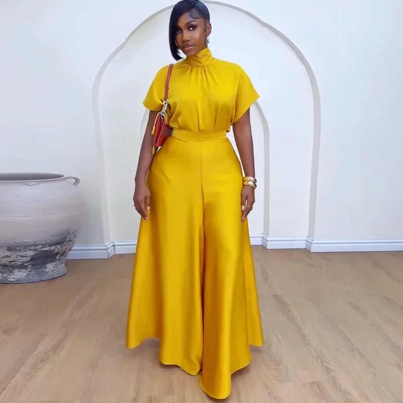 Satin Short Sleeve Turtleneck Top & Wide Leg Pants