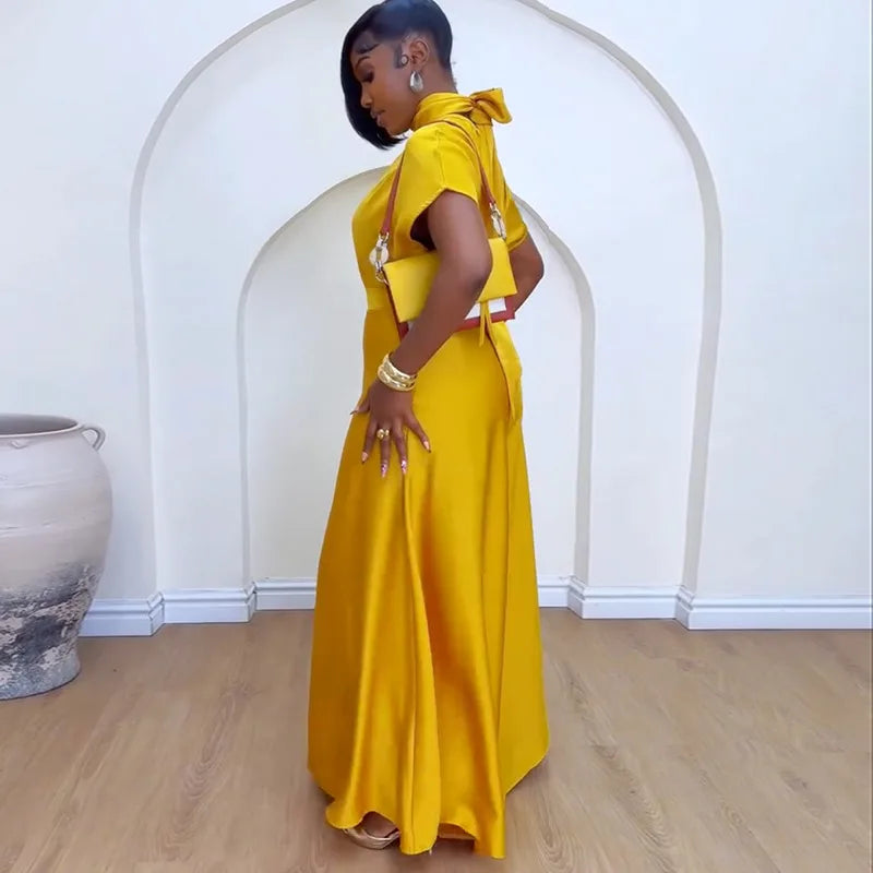 Satin Short Sleeve Turtleneck Top & Wide Leg Pants