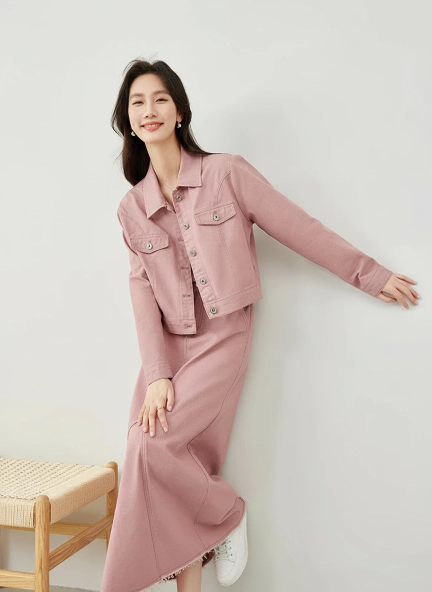 Pink Denim Maxi Jacket Skirt Set