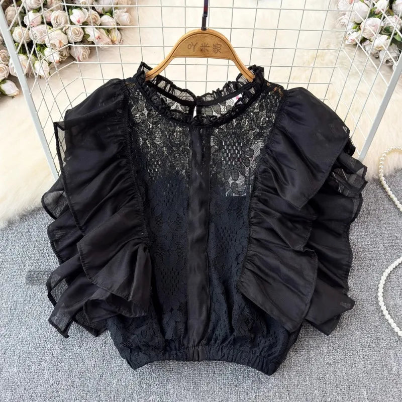 Women’s Stand Collar Lace Hollow Out Ruffles Blouse