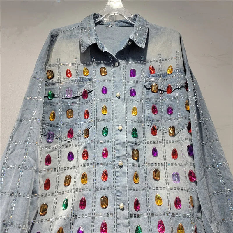 Women's Grid Shaped Hot Diamond Denim Blouse Elastic Waist Loose Wide Leg Jeans 2 Piece Set