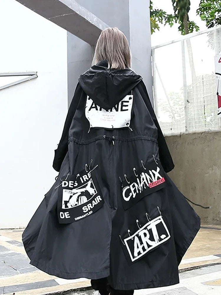 Black Hooded Print Trench For Women