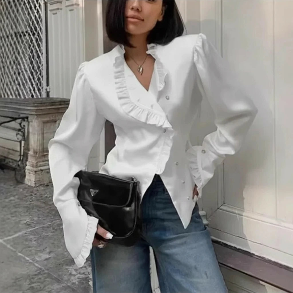 Solid Spliced Button Blouses for Women Lapel Long Sleeve Tunic