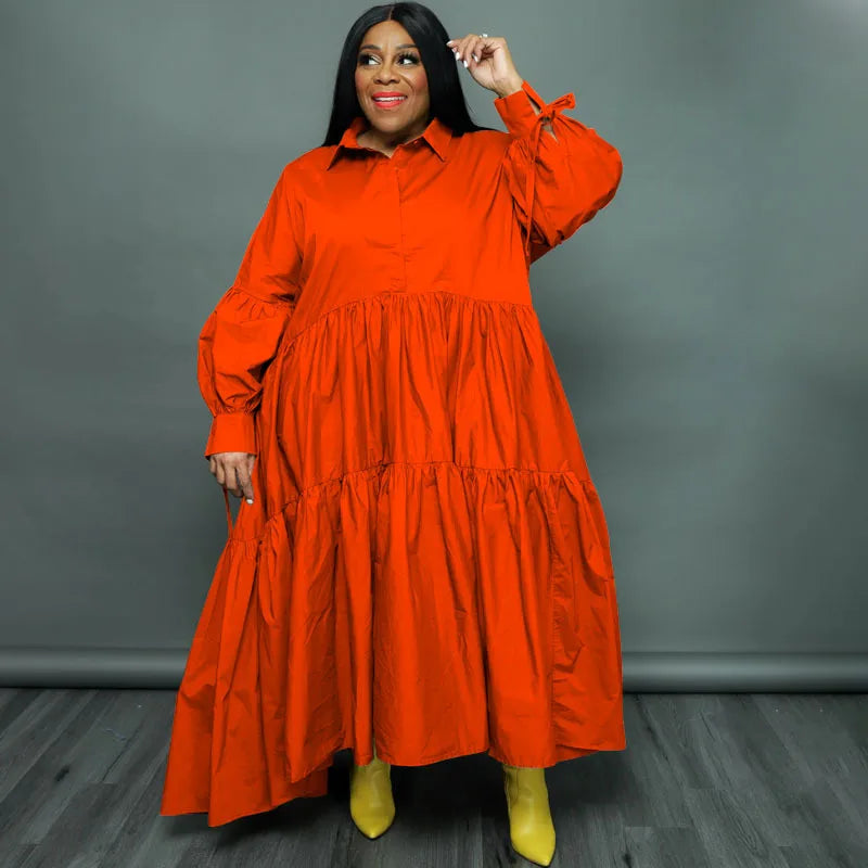 Plus Size Women’s Lapel Collar Long Sleeve Single Breasted Asymmetrical Smock Maxi Dress
