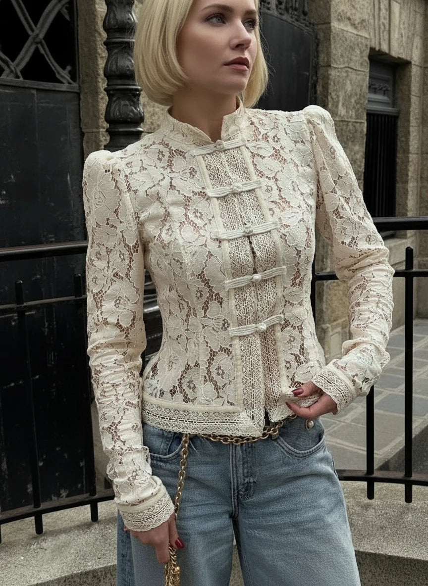 Lace Shrug Printed Hollow Out Vintage See-Through Blouse
