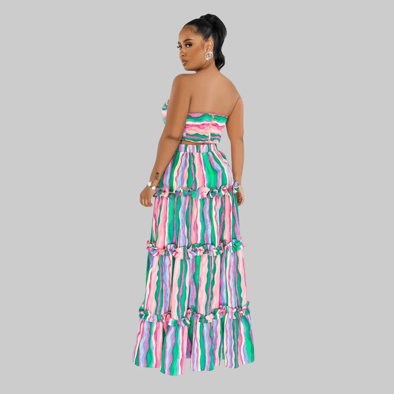 Women’s Colorful Striped Tiered Maxi Skirt and Cutout Strapless Crop Top Set