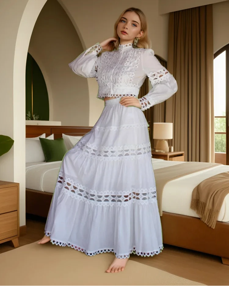 Women's Long Sleeve Lace Top and Pleated Maxi Skirt Set