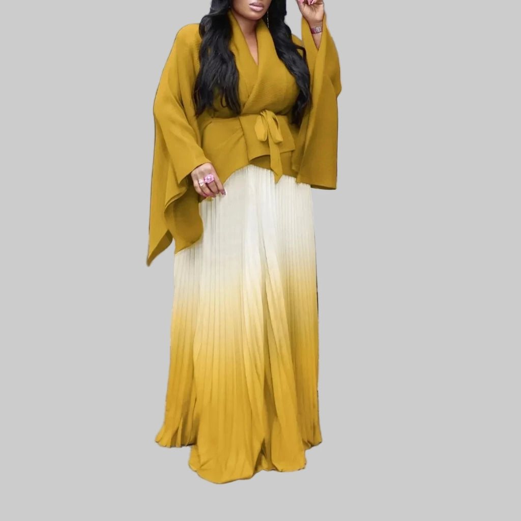 Gradient Women's Full Sleeve V-Neck Blouse with Beltt and Pleated Maxi Skirt Set
