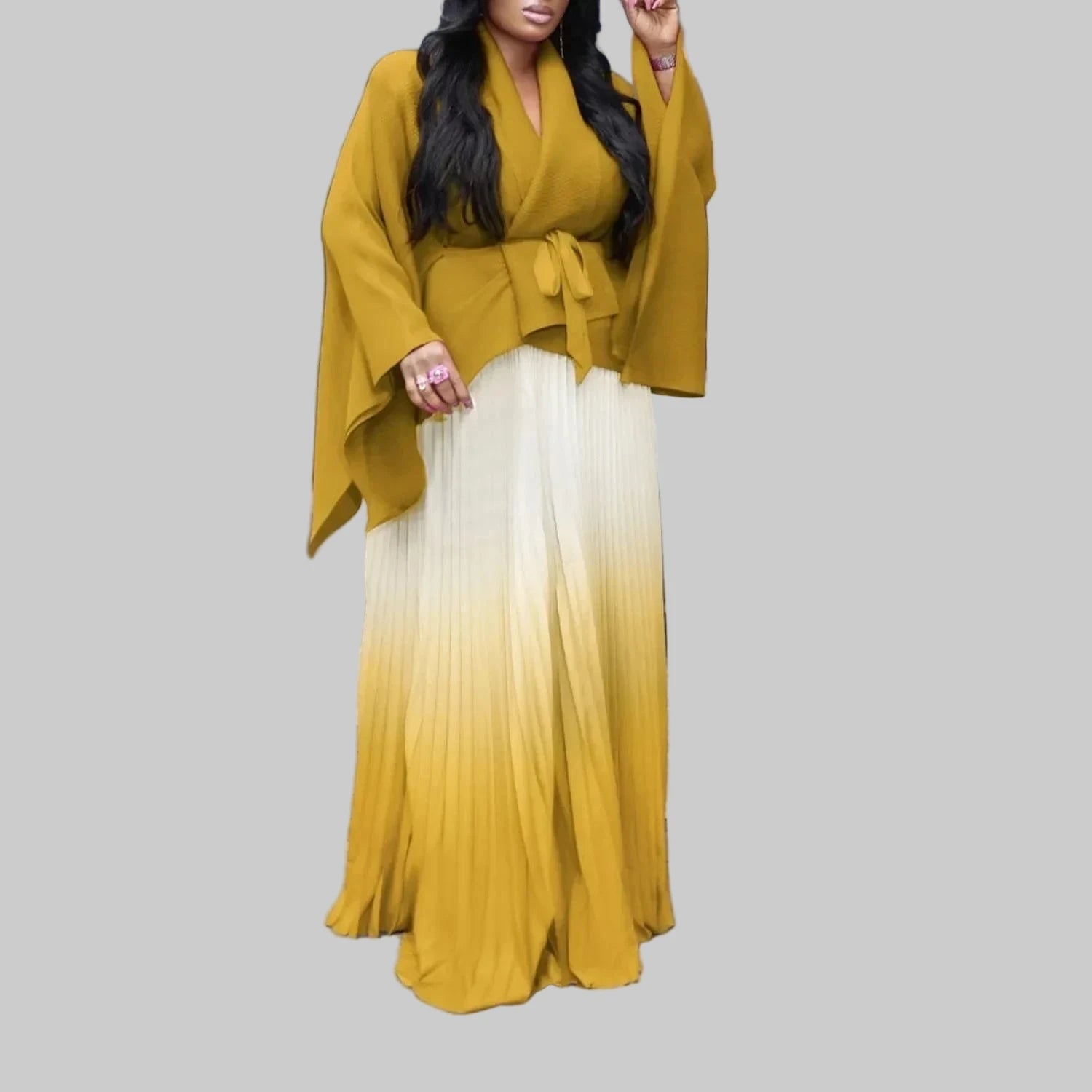 Gradient Women's Full Sleeve V-Neck Blouse with Beltt and Pleated Maxi Skirt Set