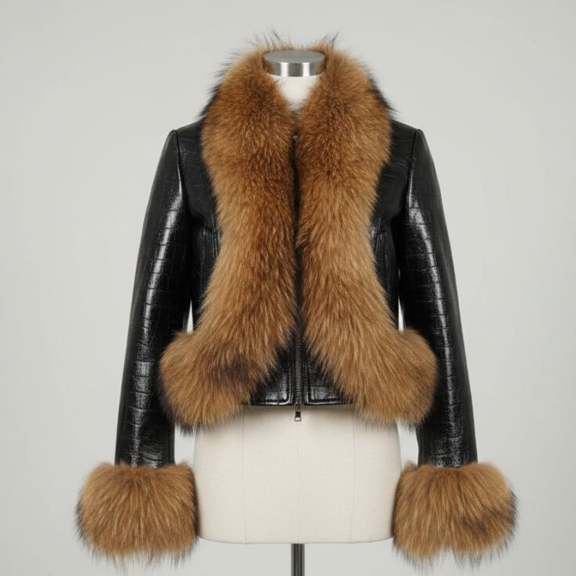 Natural Raccoon Fur Collar Real Leather Jacket