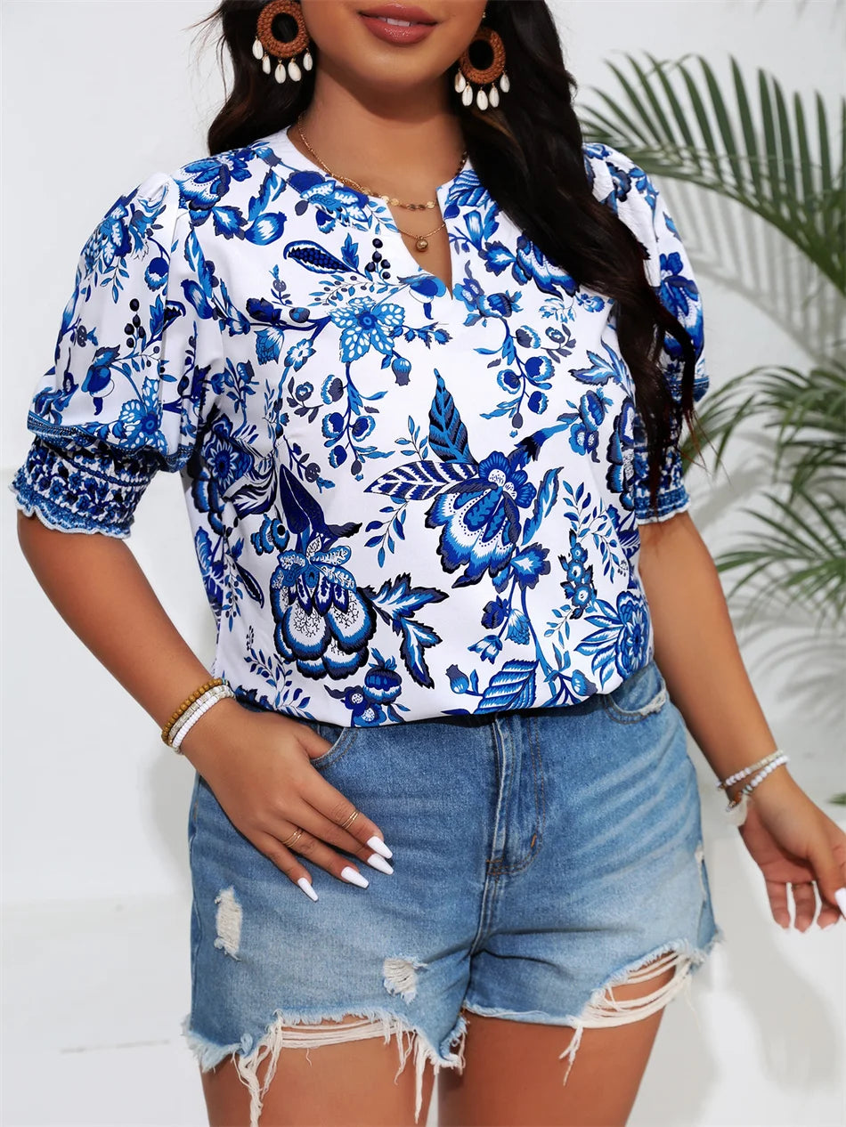 Plus Size Women’s Ethnic Print Notch Neck Loose Blouse