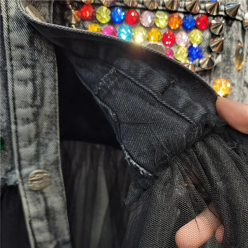 Women’s Rainbow Color Diamond Beaded Mesh Ruffles Splice Jean Jacket