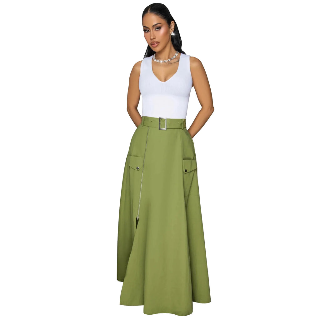 Women’s High Waist Belt Zipper Split Maxi Skirt