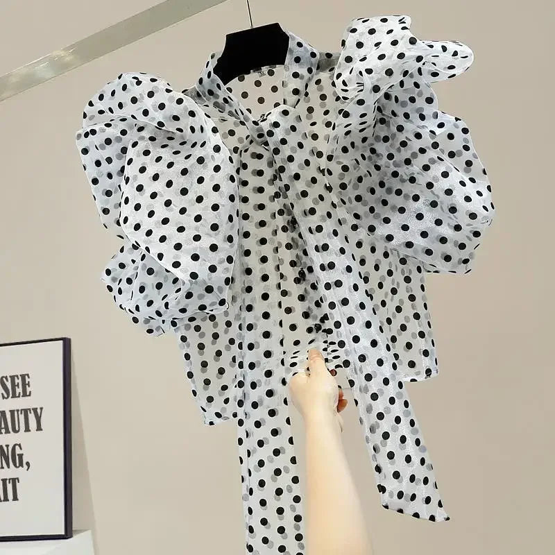 Lantern Sleeve Pleated Ruffle Ribbon Bow Organza Perspective Short Blouse
