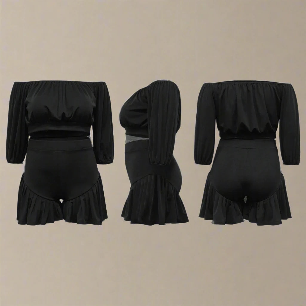 Plus Size Women's Long Sleeve Slash Neck Blouse and Shorts Set