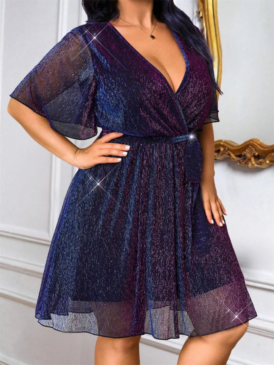 Plus Size Deep V Neck Glitter Belted Short Sleeved Dress