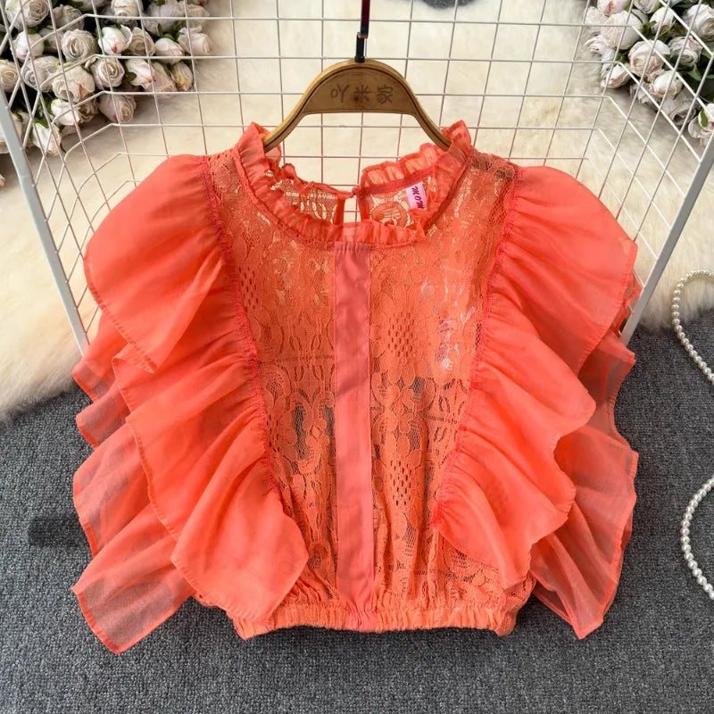 Women’s Stand Collar Lace Hollow Out Ruffles Blouse