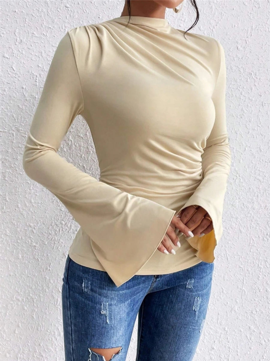 Pleated Design-Inspired Flared Long Sleeves Slim Fit Blouse