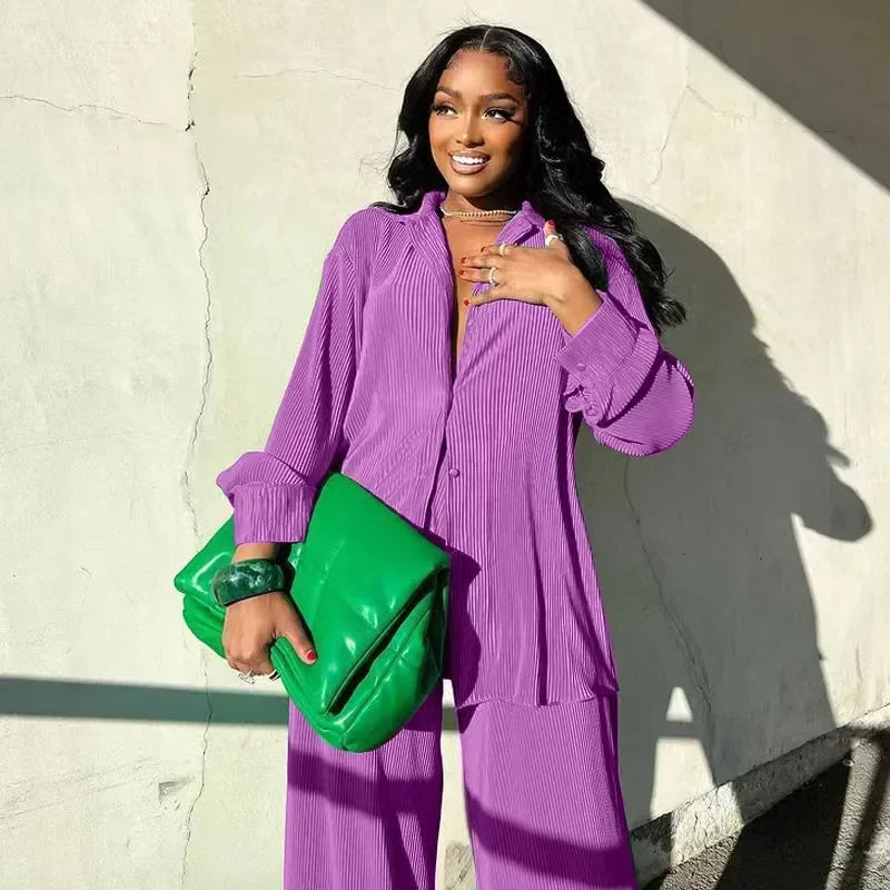 Purple Women's Set Long Sleeve Shirt Tops and Wide Leg Pants