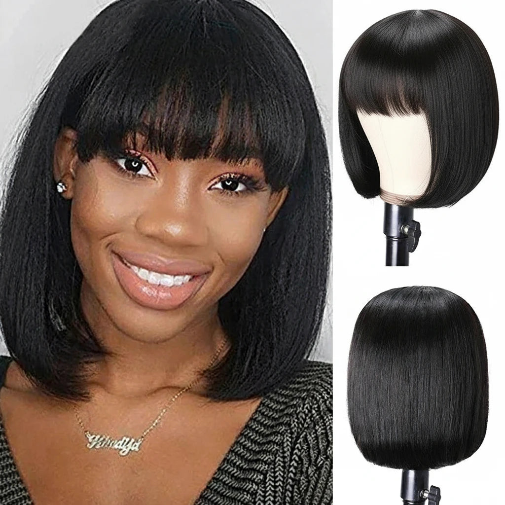 Straight Bob Wig With Bangs 100% Human Hair Blunt Cut Brazilian Hair