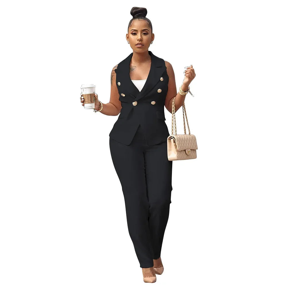 Women’s Sleeveless Notch V-Neck Blazer & Long Pant Suit