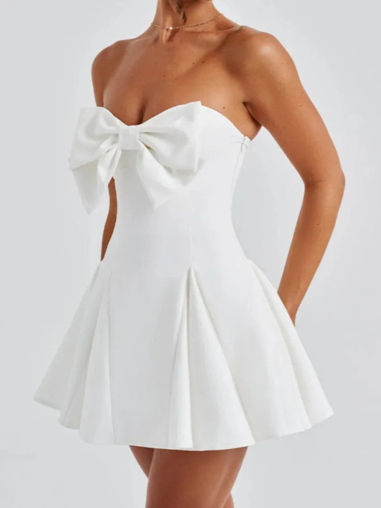Bow Strapless Backless Mini Dress For Women Solid Off-shoulder Sleeveless A-line Dress