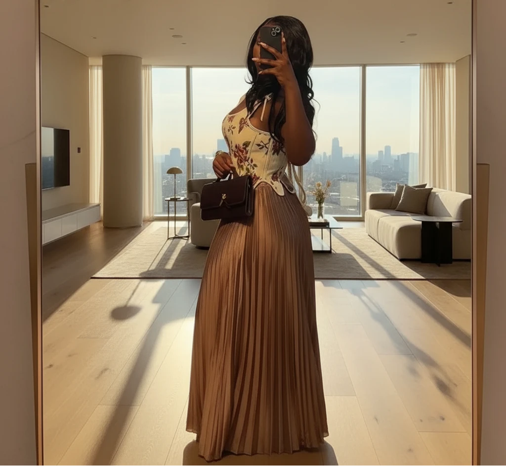 Women's Floral Print Waist-cinching Vest & Pleated Maxi Skirt Set