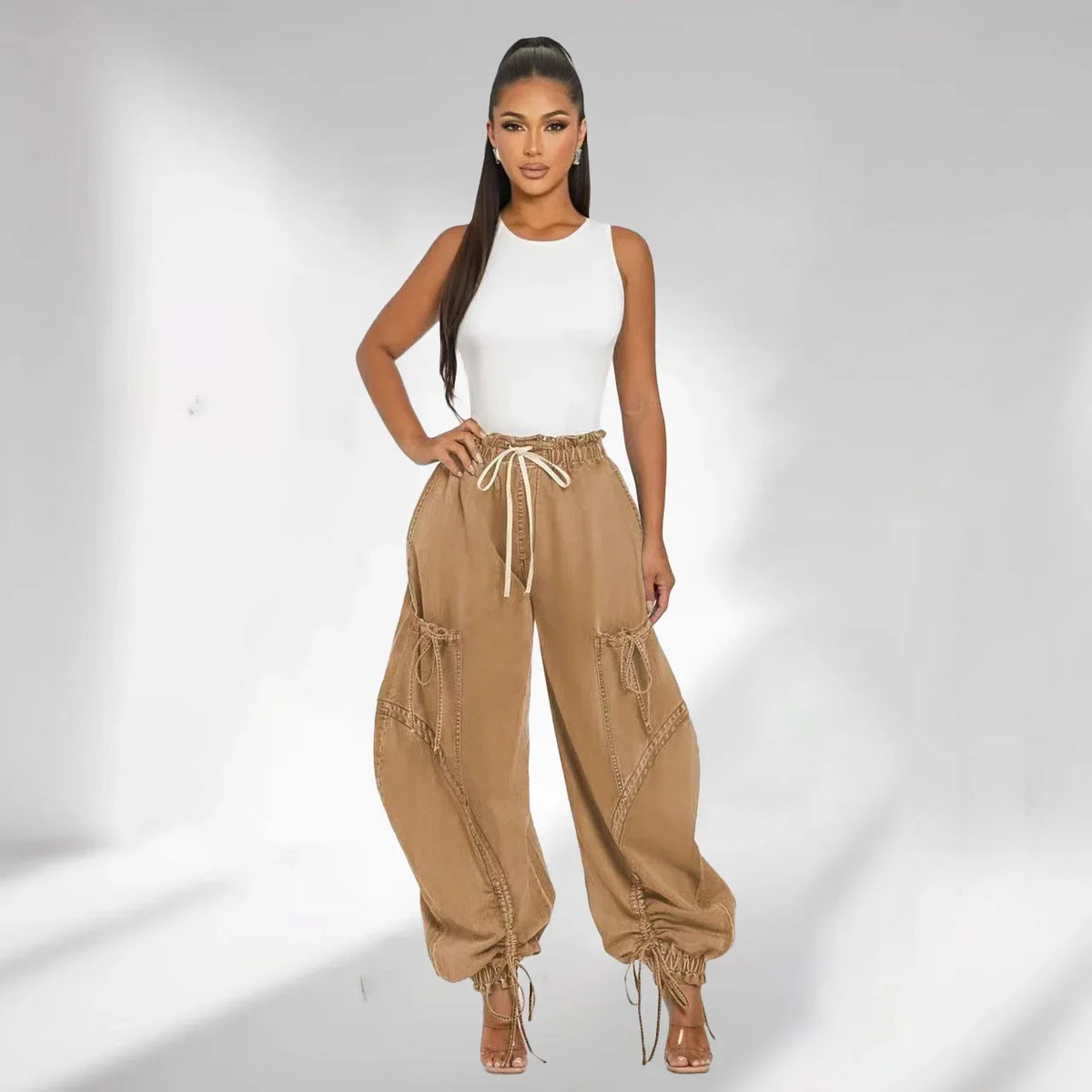 Women’s Drawstring Denim Loose Safari Style Cargo Harem Jeans