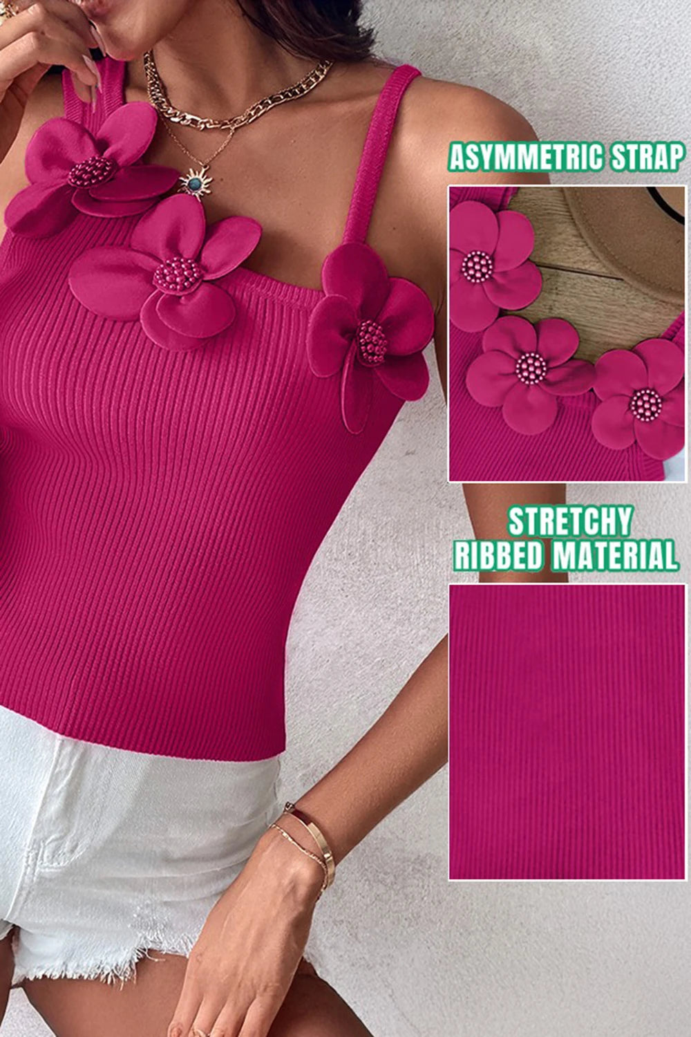 Plus Size Hot Pink Casual Asymmetrical Collar 3D Tank Tops