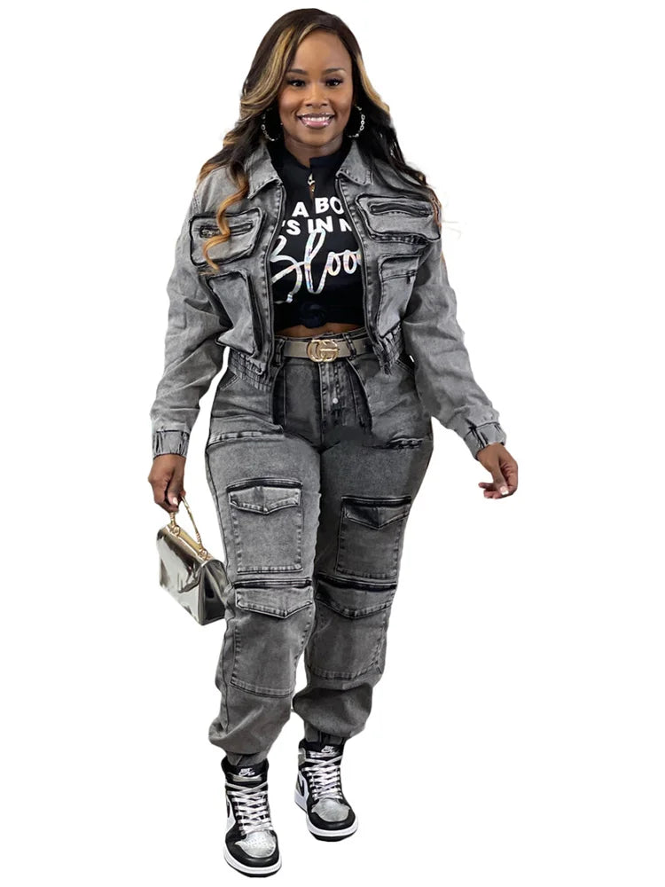 Denim Two Piece Set Women Jacket Coat Top Jeans Cargo Pants