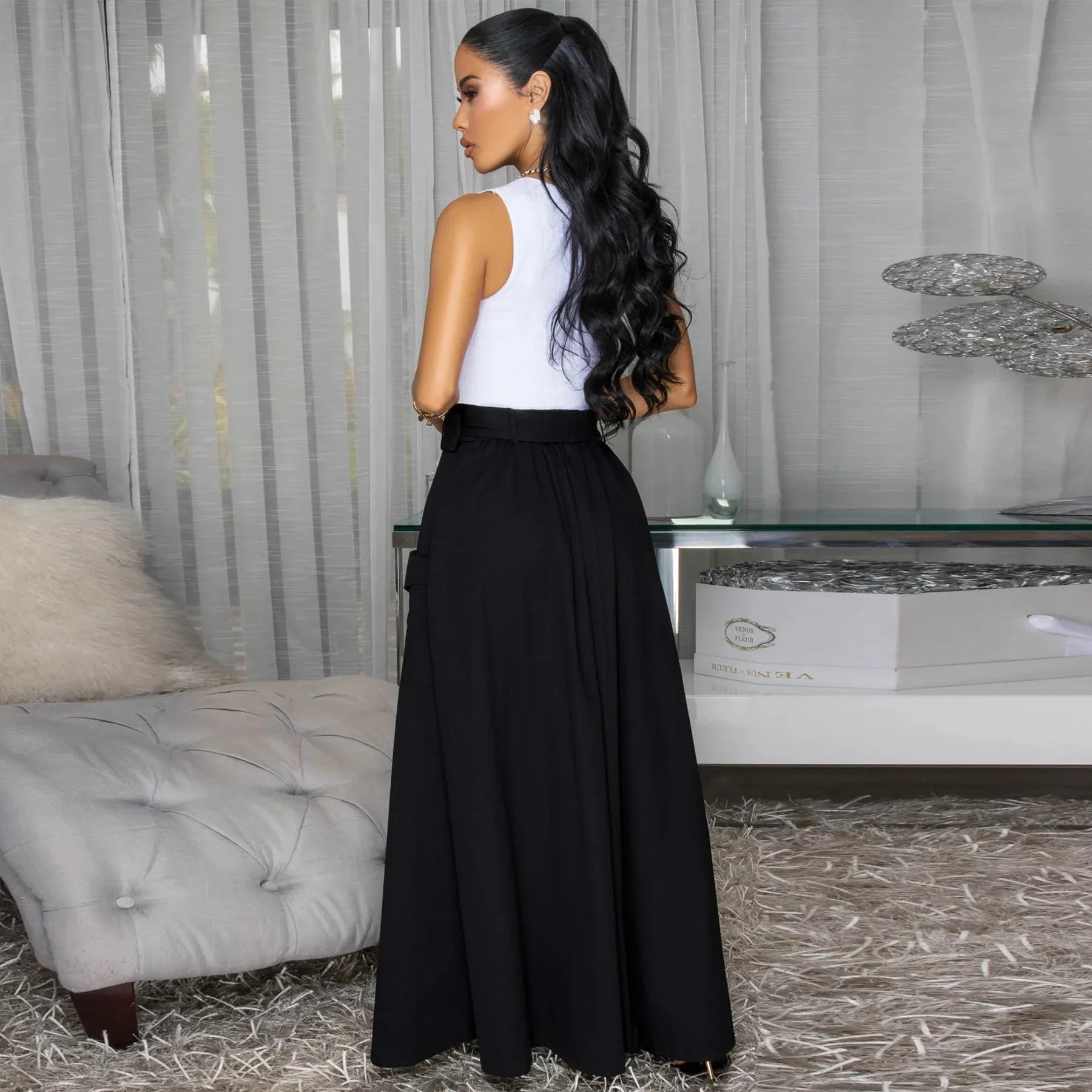 Women’s High Waist Belt Zipper Split Maxi Skirt