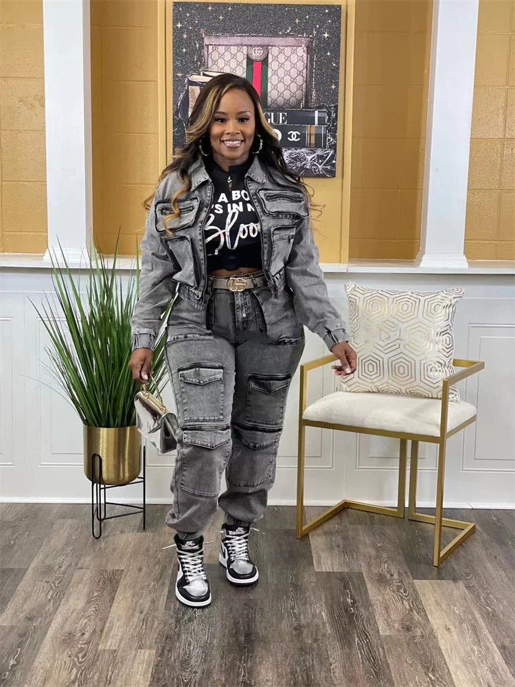 Denim Two Piece Set Women Jacket Coat Top Jeans Cargo Pants
