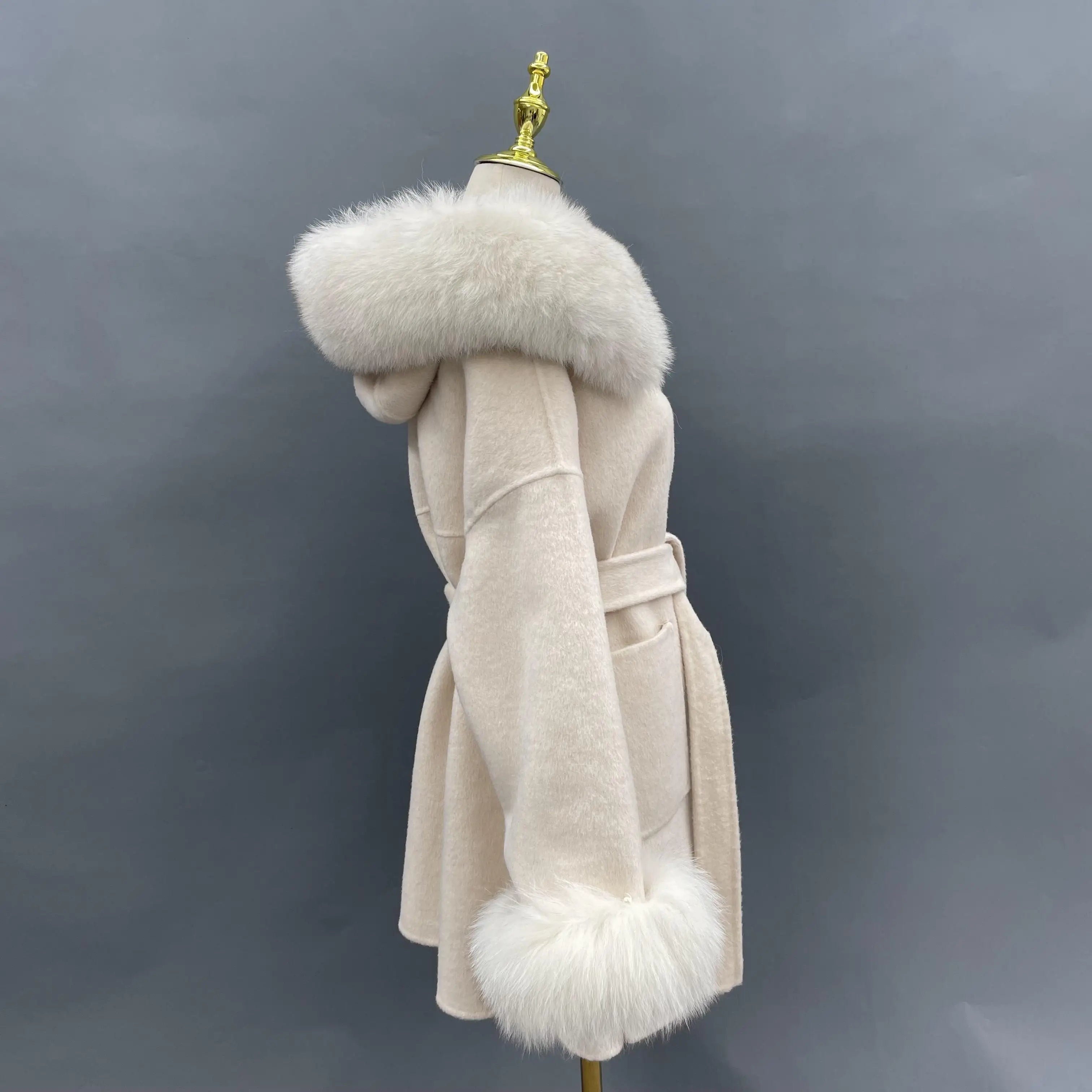 Hooded Wool Coat with Fox Fur Collar