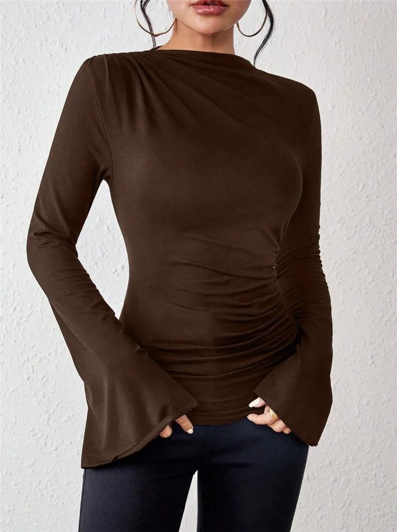 Pleated Design-Inspired Flared Long Sleeves Slim Fit Blouse
