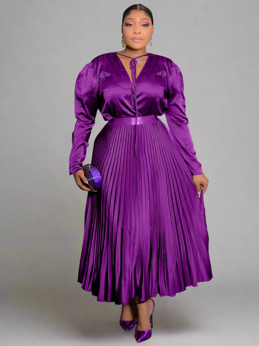 Women's Long Sleeve V-neck Blouse and Pleated Maxi Skirt