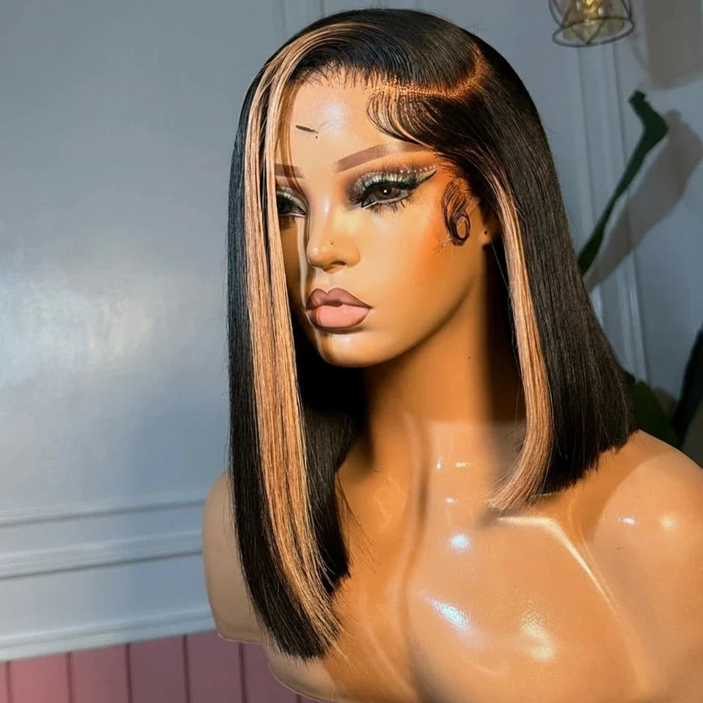 12A Short Bob Highlight Two Rolls Of Blonde Straight 180 Density 13x4 Bob Lace Frontal Human Hair Wig Wig