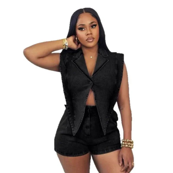 Women’s Denim Sleeveless Hollow Out Short Jumpsuit