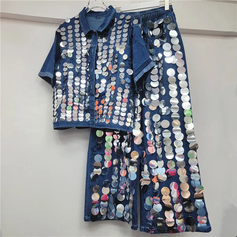 Women's Short Sleeve Denim Blouse Shining Sequins Loose Elastic Waist Straight Jeans