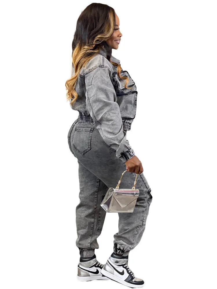 Denim Two Piece Set Women Jacket Coat Top Jeans Cargo Pants