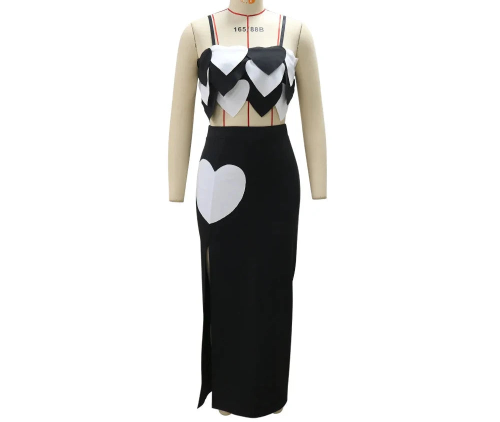 Women's Slash Neck Sweetheart Love Sleeveless Crop Top and Maxi Skirt Set