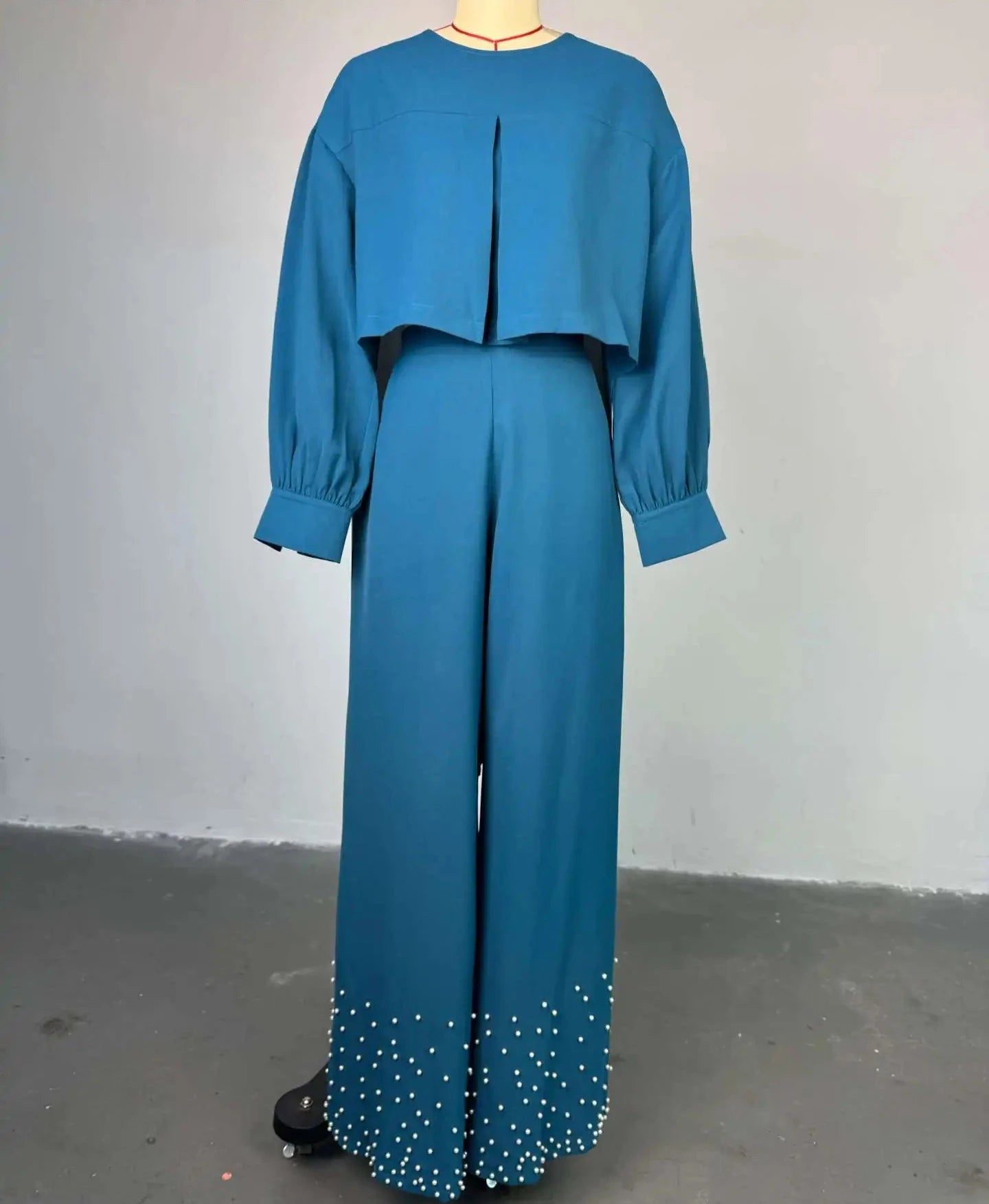 Women's Long Sleeve Maxi Blouse and Pearl Beading Wide Leg Pants