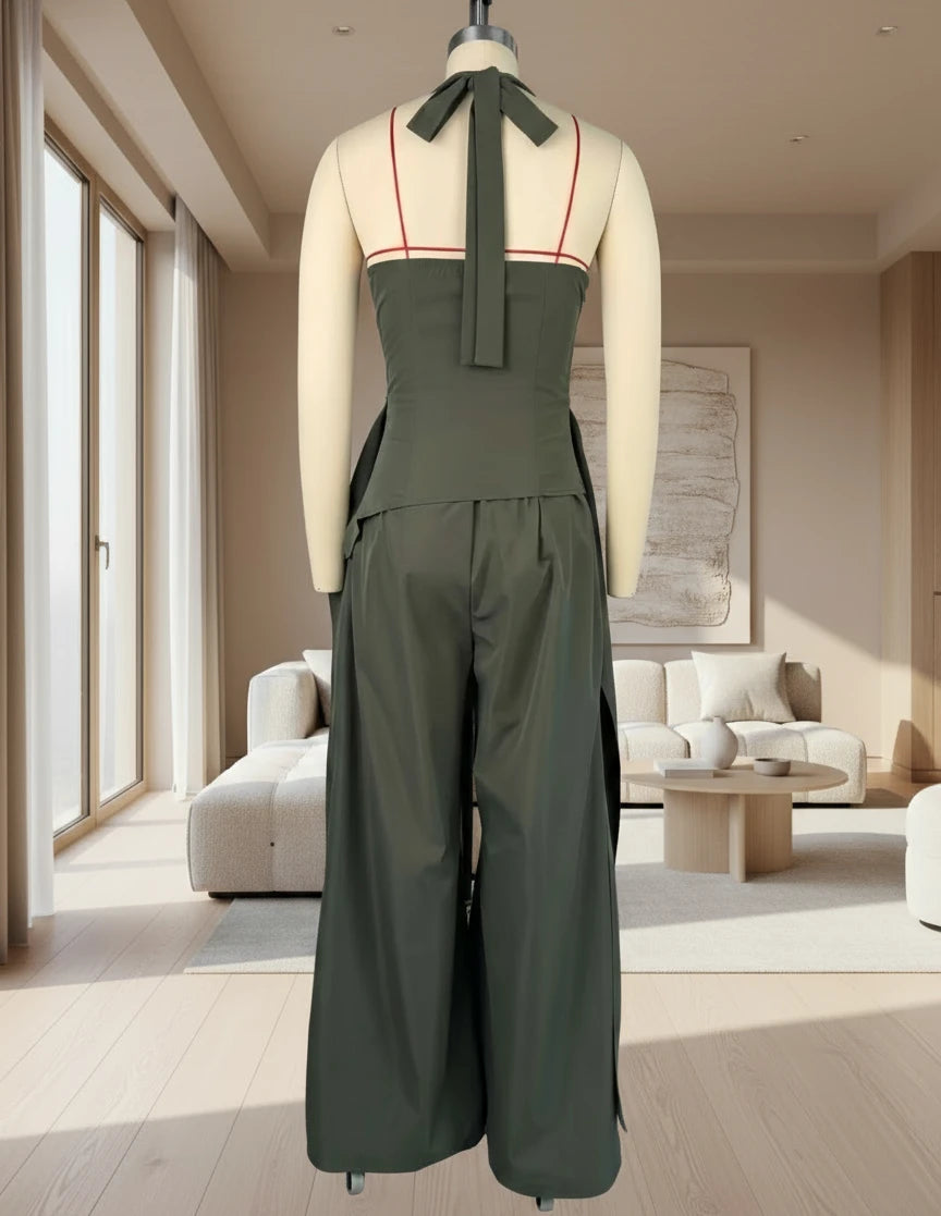 Women's Set Halter V-neck Ruched Front Streamer Side Crop Top & Wide Leg Pants Set