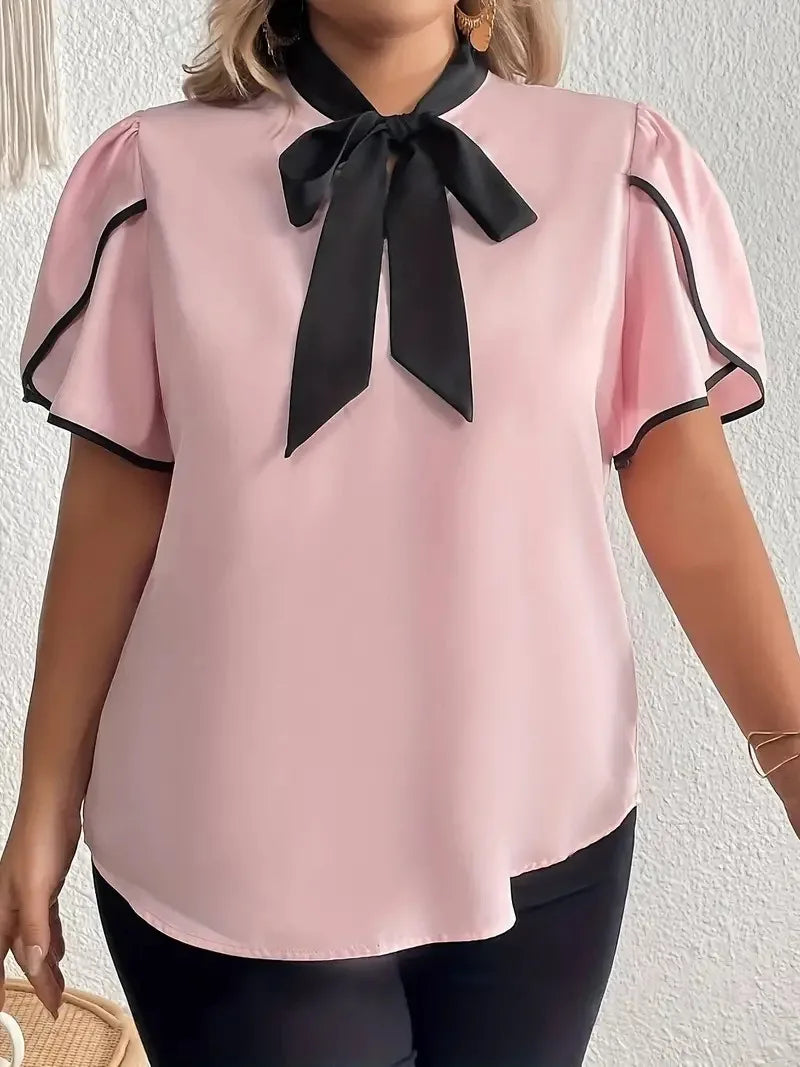Plus Size Contrast Bow Tie Neck Short Sleeve Casual Blouse
